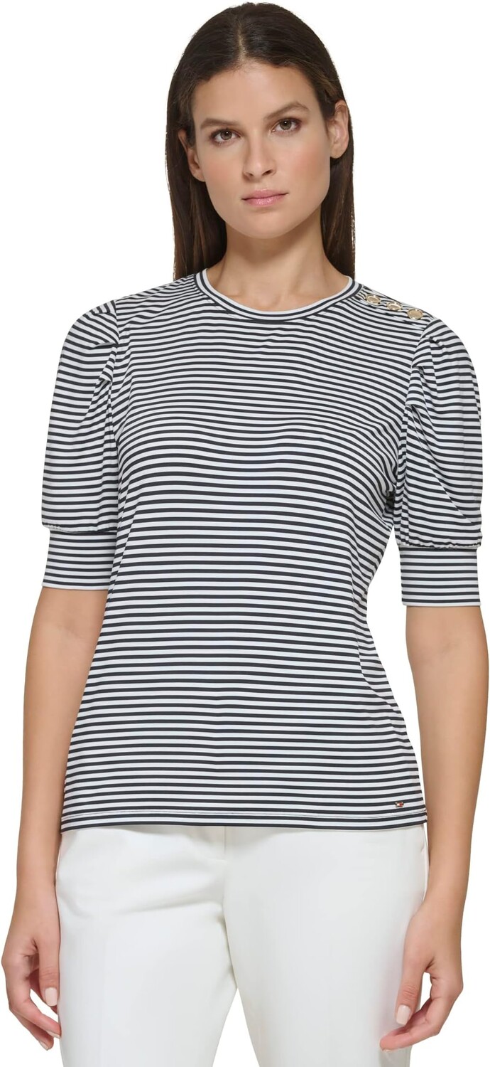 

Топ Tommy Hilfiger Puff Short Sleeve Sailor Top Stripe, цвет Midnight/Ivory