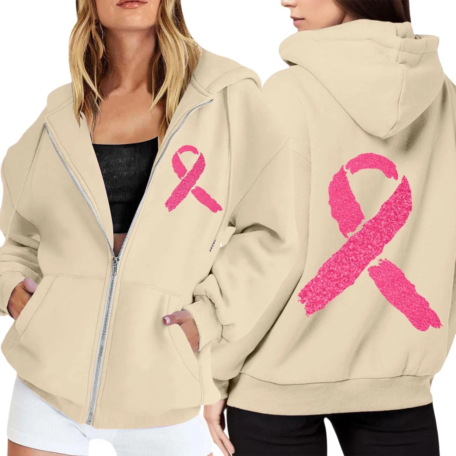 Толстовка на молнии с капюшоном, женская, Pink Ribbon, цвет B1