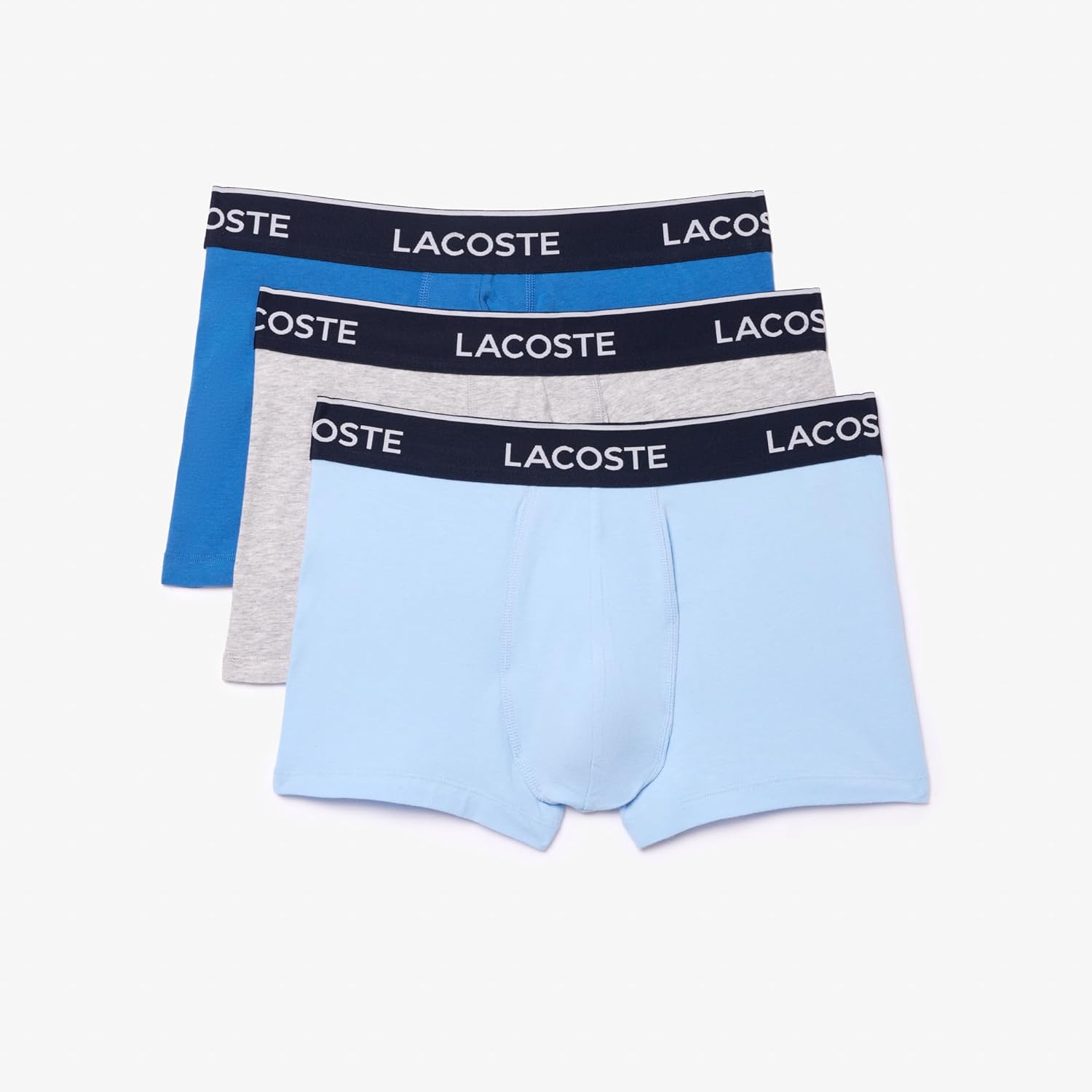 

Мужские хлопковые трусы-боксеры Lacoste с трехцветным поясом, 3 шт., Light Blue/Bright Blue/Grey