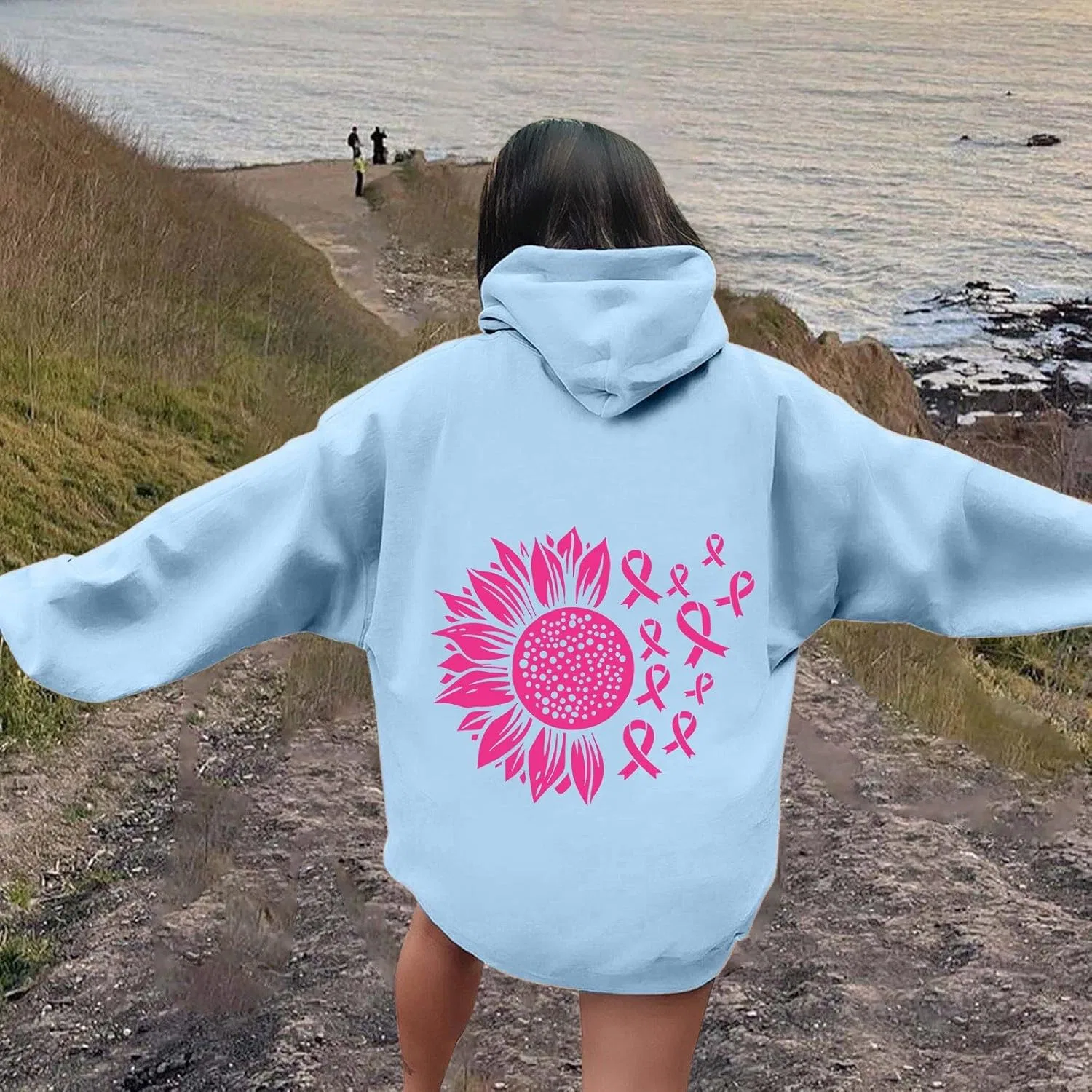 Женская худи с капюшоном Breast Cancer Awareness Rainbow Graphic Zip Up, Sky Blue 1 — фото 3