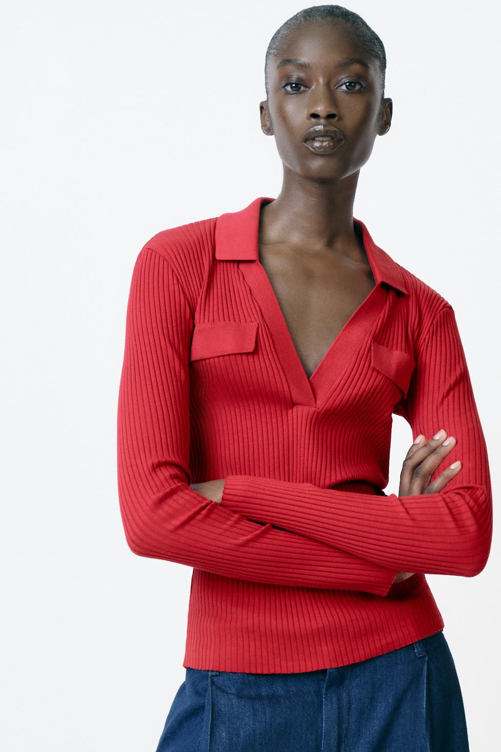 

Футболка поло с ребристым вырезом горловины ZARA, цвет Intense red
