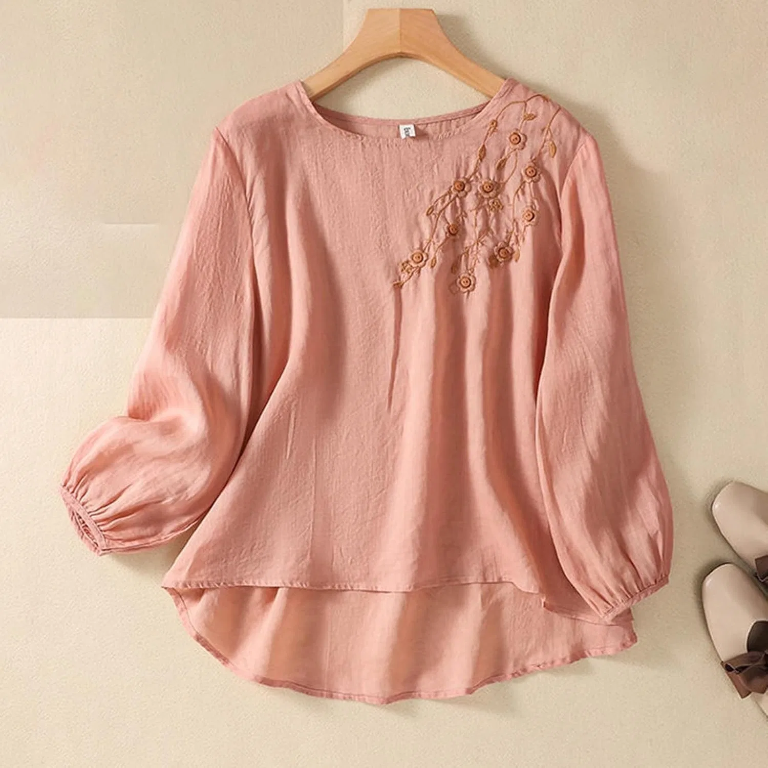 Женская льняная блуза свободного кроя, длинный рукав, с вышивкой, Pink — фото 3