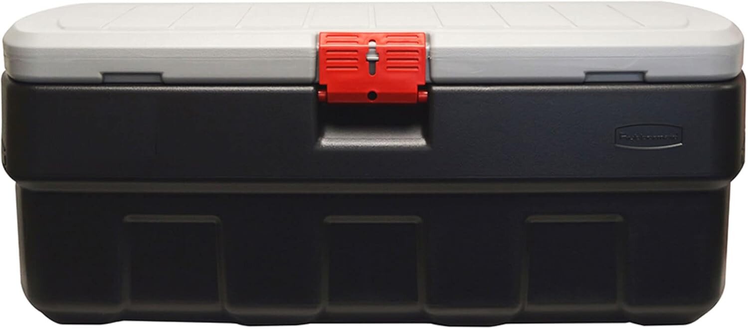 

Rubbermaid Action Packer️ Запираемый пластиковый контейнер для хранения емкостью 48 галлонов, промышленный, большой прочный контейнер с крышкой (черный, серый), Black,Gray