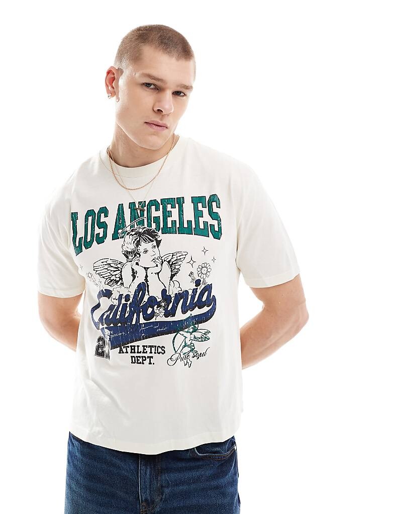 

ASOS DESIGN – Короткая футболка свободного кроя кремового цвета с принтом Los Angeles спереди