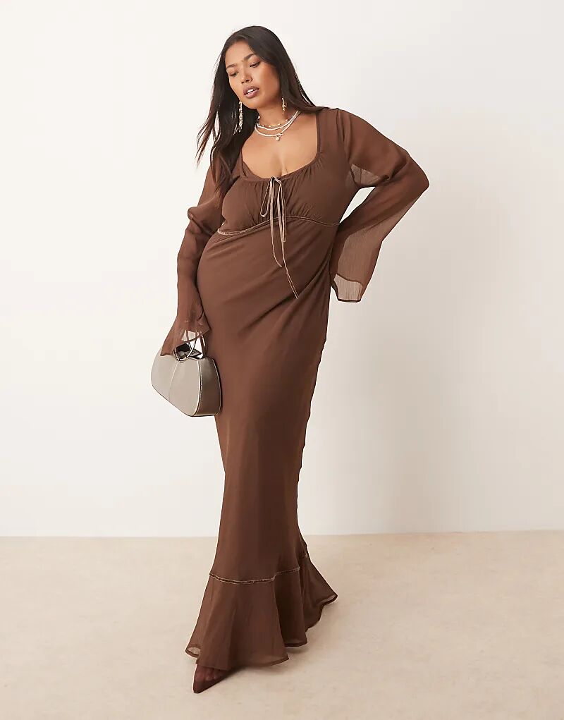 

Платье макси ASOS DESIGN Curve с длинными рукавами и сборками на груди шоколадного цвета