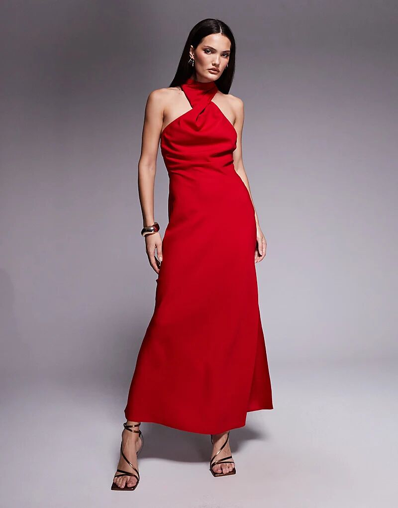 

Платье миди ASOS DESIGN с воротником-стойкой и фурнитурой вишневого цвета