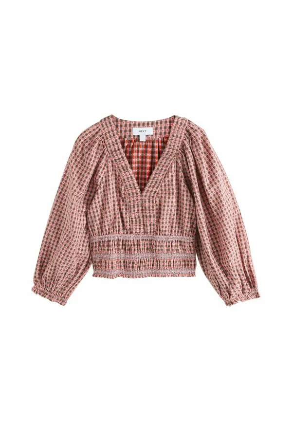 Блузка прямого кроя с v-образным вырезом и длинными рукавами Next, Brown Red Heart Gingham