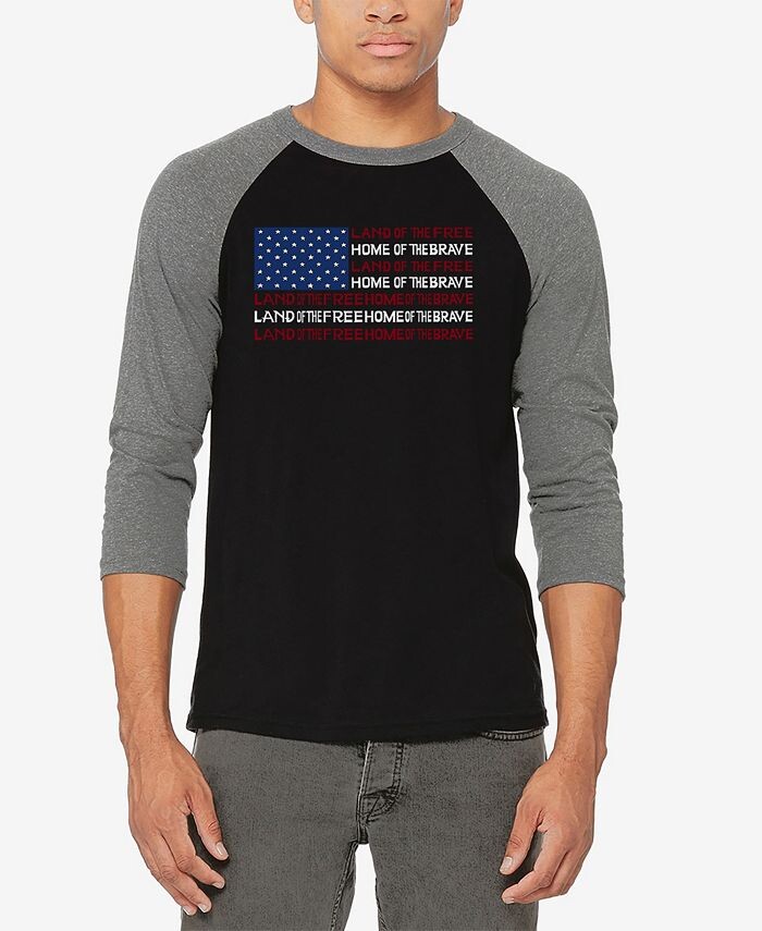 

Мужская бейсбольная футболка реглан с рукавом 3/4 Land of The Free American Flag Word Art LA Pop Art, цвет Gray, Black