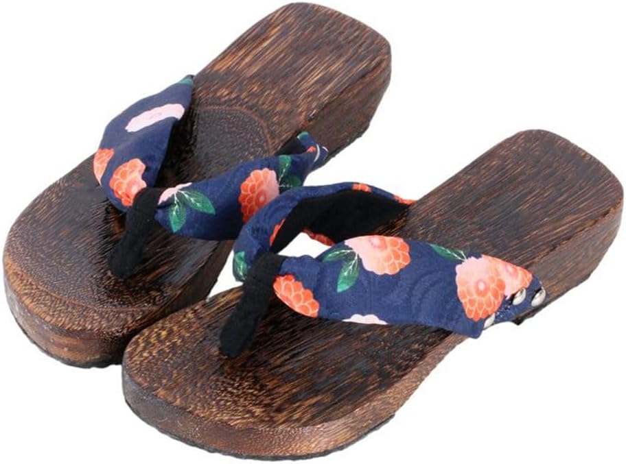 

Традиционные японские сандалии гета, деревянные сабо, кимоно, шлепанцы, тапочки на наклонном каблуке, японские тапочки с цветочным узором Chewyz, синий