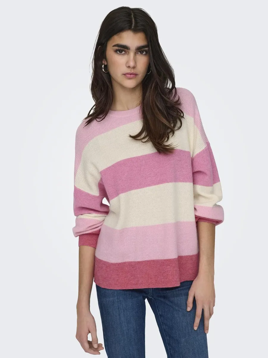 

Only вязаный свитер "ONLATIA L/S STRIPE PULLOVER KNT NOOS", цвет Pink Lady