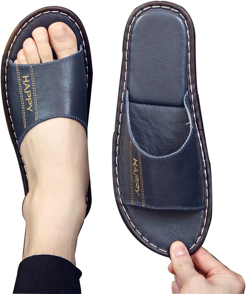 

Кожаные тапочки XUEMML- домашние сандалии для мужчин и женщин с открытым носком, унисекс, из натуральной кожи, нескользящие домашние тапочки для спальни, синий