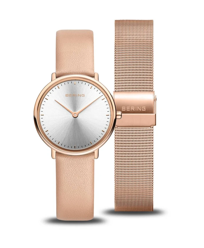 

Женские классические наручные часы 29 мм 3 атм сапфировое стекло тонкий дизайн браслет из телячьей кожи 15729-960 Bering, розовый