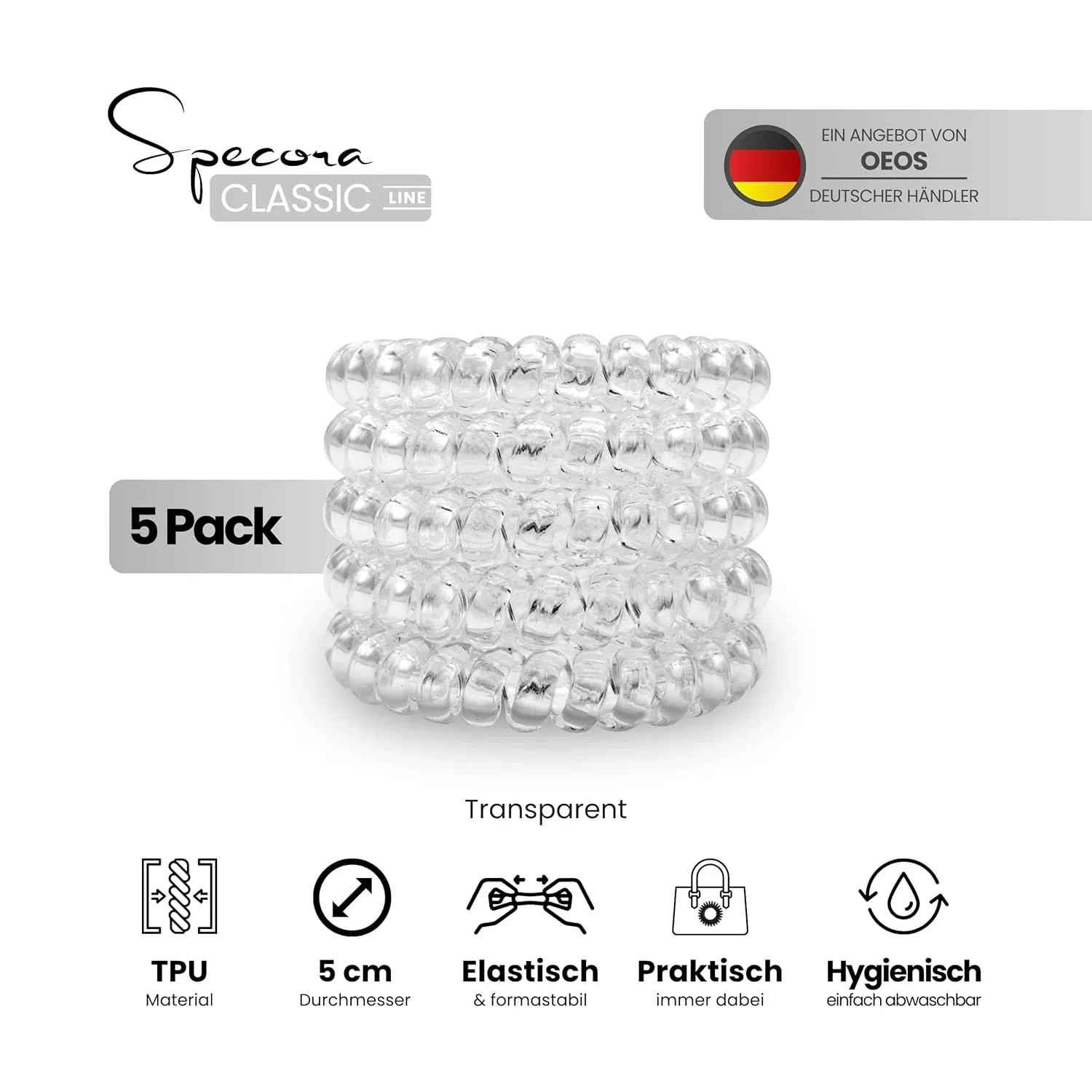 Прозрачная спиральная резинка для волос 5 см, 5 шт. Specora, Transparent — фото 2
