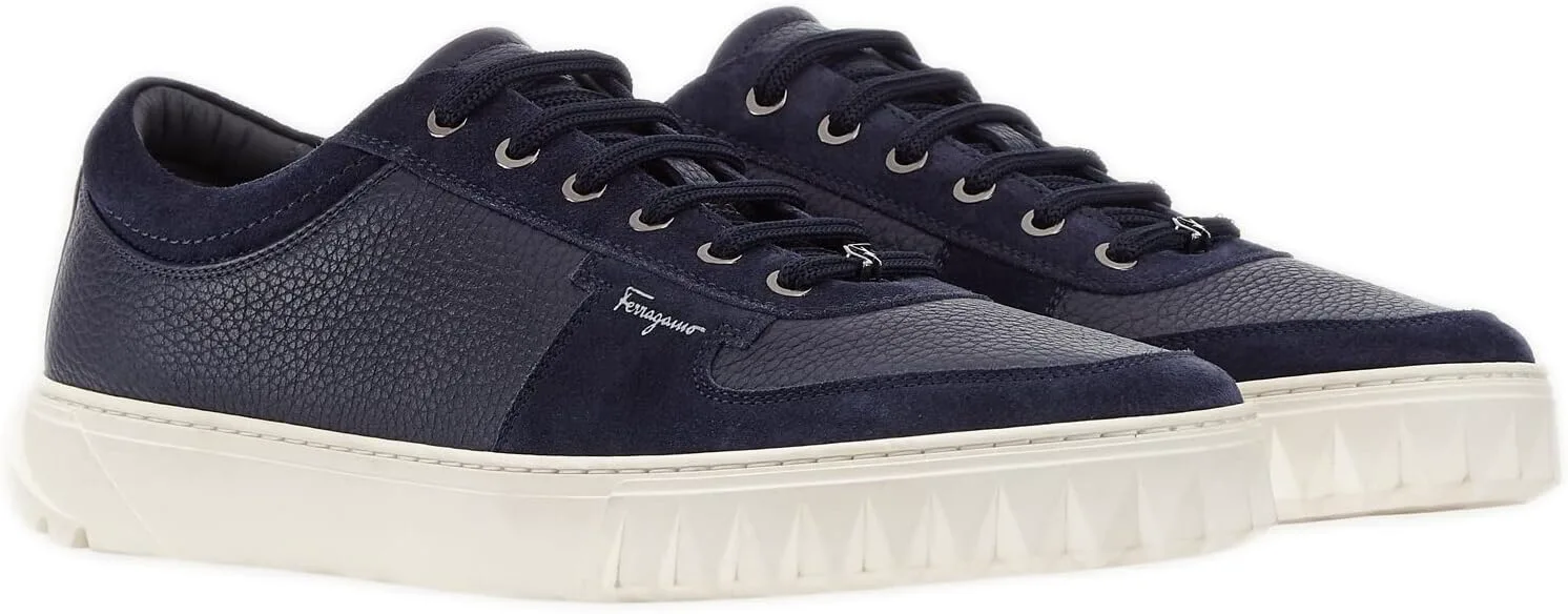 Мужские синие кожаные кроссовки Salvatore Ferragamo Scuby с шнуровкой