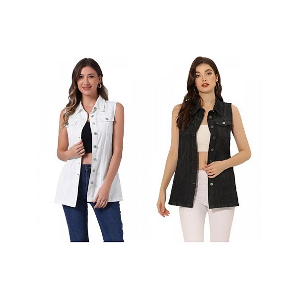 

2 упаковки женской повседневной безрукавки с карманами и пуговицами, джинсовая жилетка миди Inspire Chic, Black White