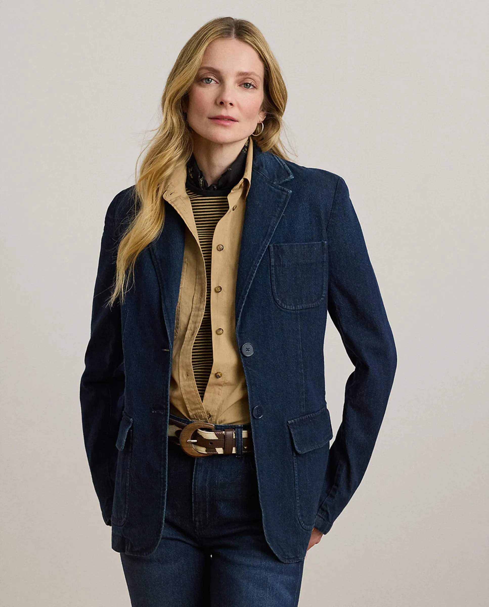 

Женский прямой хлопковый блейзер Lauren Ralph Lauren, темно-синий