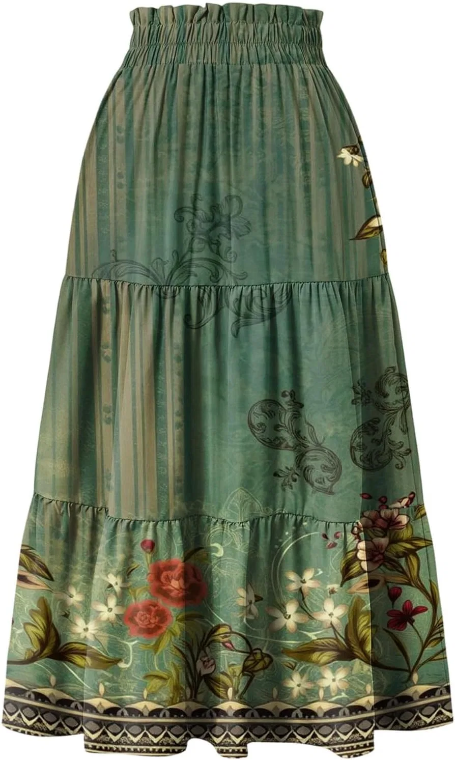 Юбка миди A-силуэта, женская, с рюшами, на резинке, с карманами, 1-dark Green — фото 4