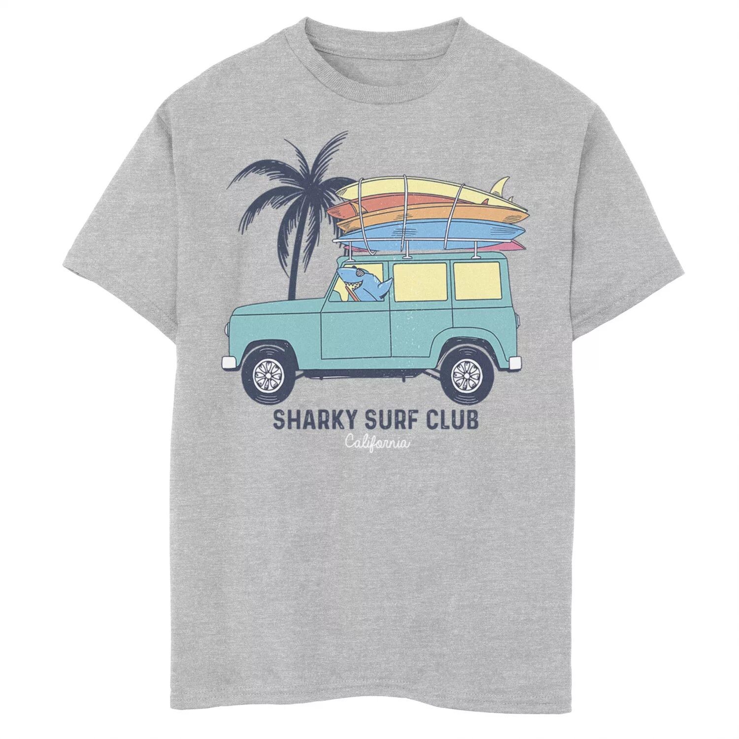 

Футболка Fifth Sun Sharky Surf Club для мальчиков 8–20 лет с доской для серфинга «Акула в фургоне» с мультяшным рисунком Fifth Sun