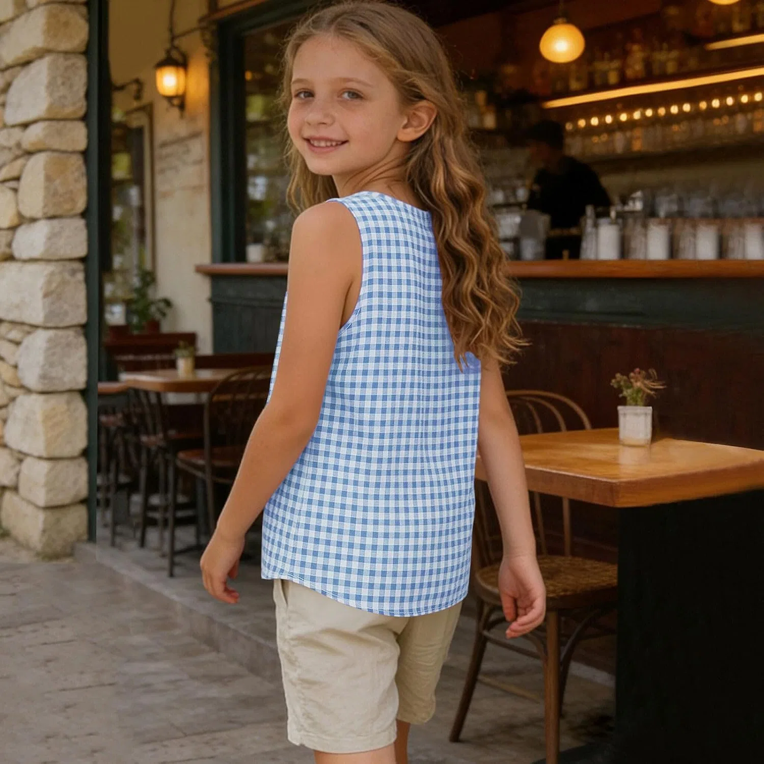 Топ на бретелях для девочек клетчатый Zzalalana Light Blue — фото 2