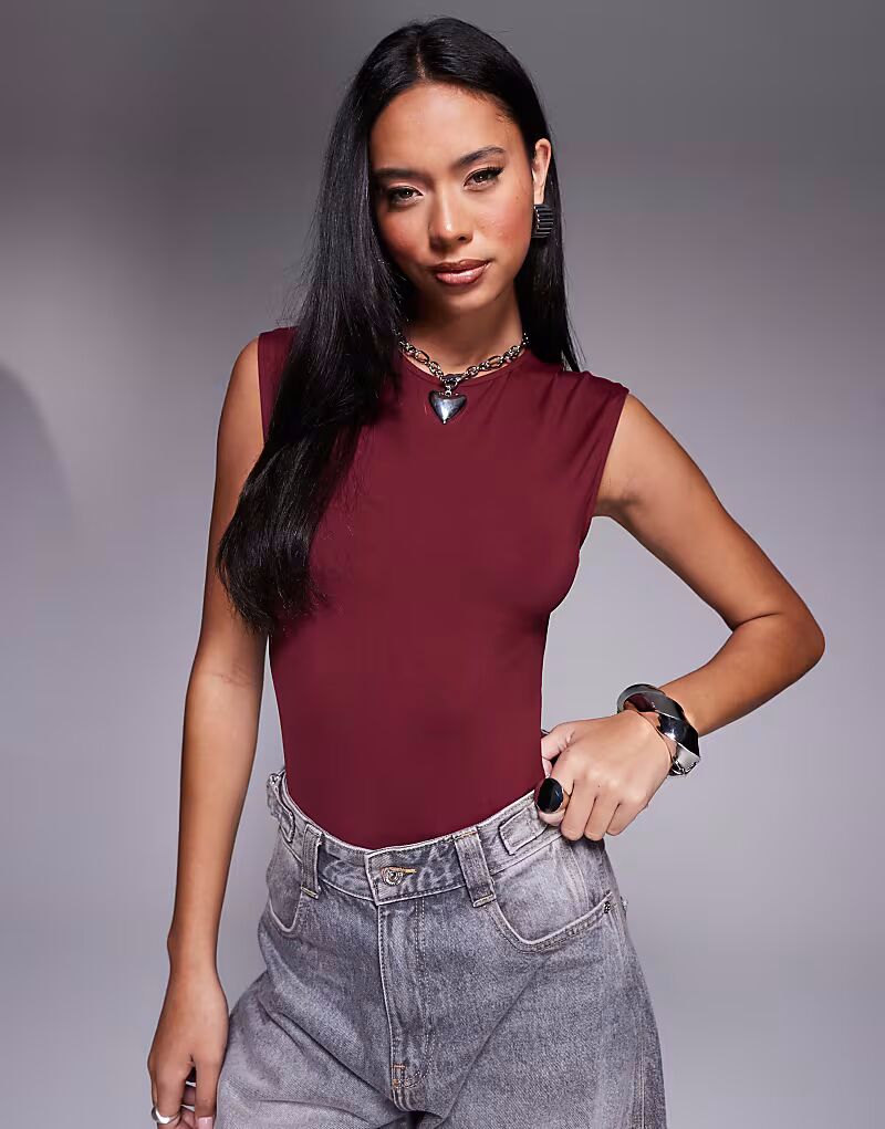 

Боди из полиамида, облегающий, с широкими плечами, без рукавов, бордового цвета Asos Design