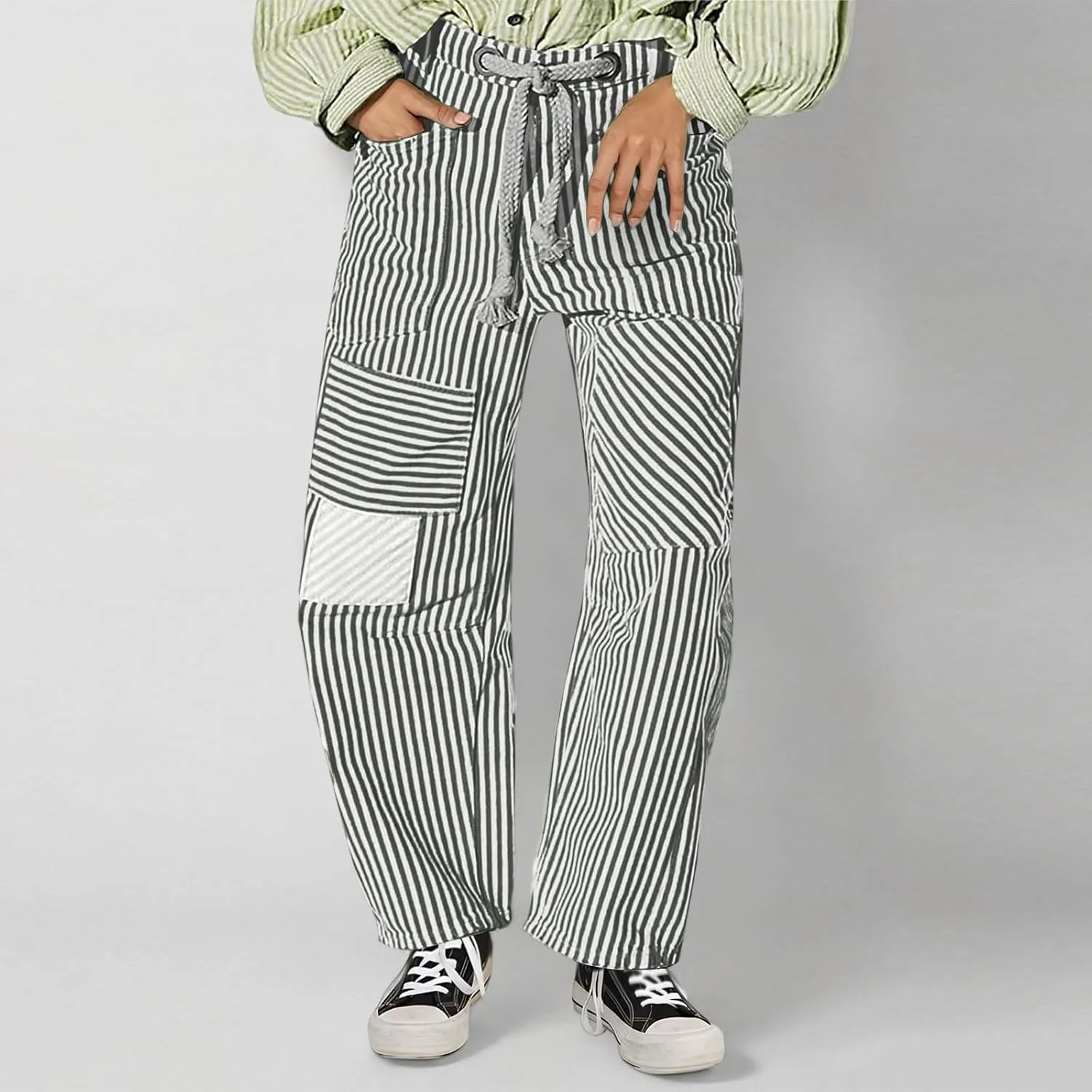 Женские брюки Classic Stripe Print с модным пэчворком, на шнурке, с высокой талией, широкие, с карманами Generic, синий — фото 2