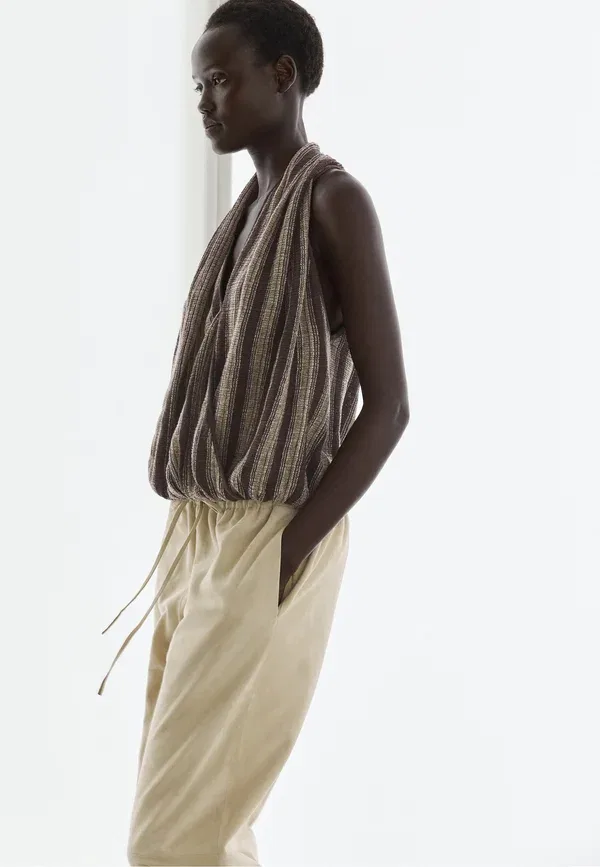Топ с запахом и полосатым декором Massimo Dutti, темно-коричневый — фото 4