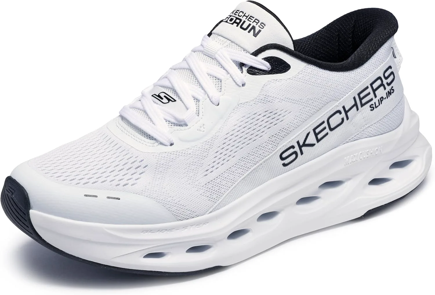 Мужские кроссовки Skechers Max Cushioning Glide Step с амортизацией, надевание без помощи рук, белый/черный