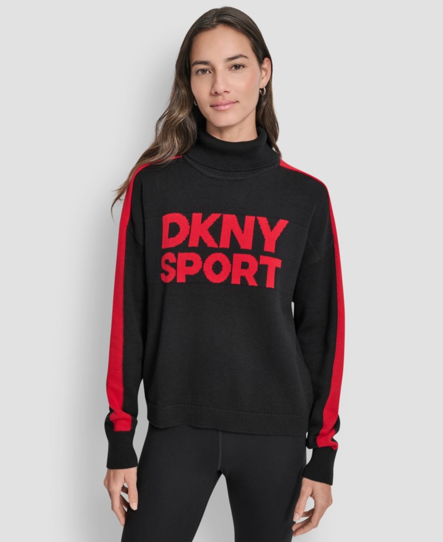 

Женский жаккардовый свитер с длинными рукавами и логотипом DKNY, Black/city Crimson