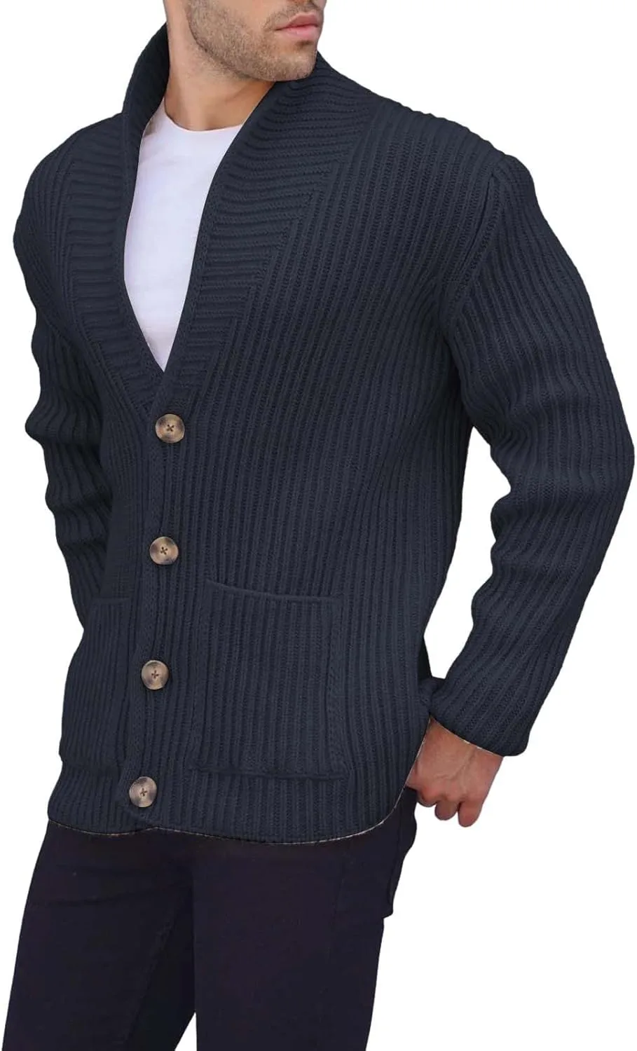 

Мужской кардиган с воротником-шалью, пуговицами и длинными рукавами