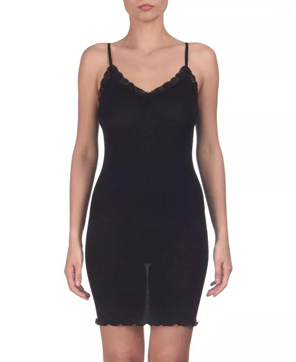 

Ночная рубашка-сорочка из ребристой шерсти и шелка с V-образным вырезом и кружевной отделкой. Oscalito, черный