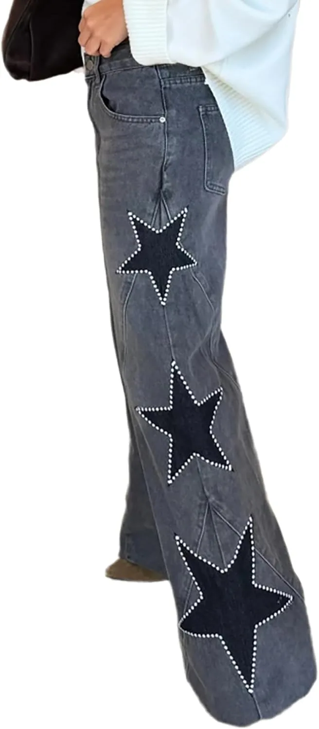 

Женские джинсы Star Patchwork прямого кроя с потертостями и бусинами QLAUYIOE