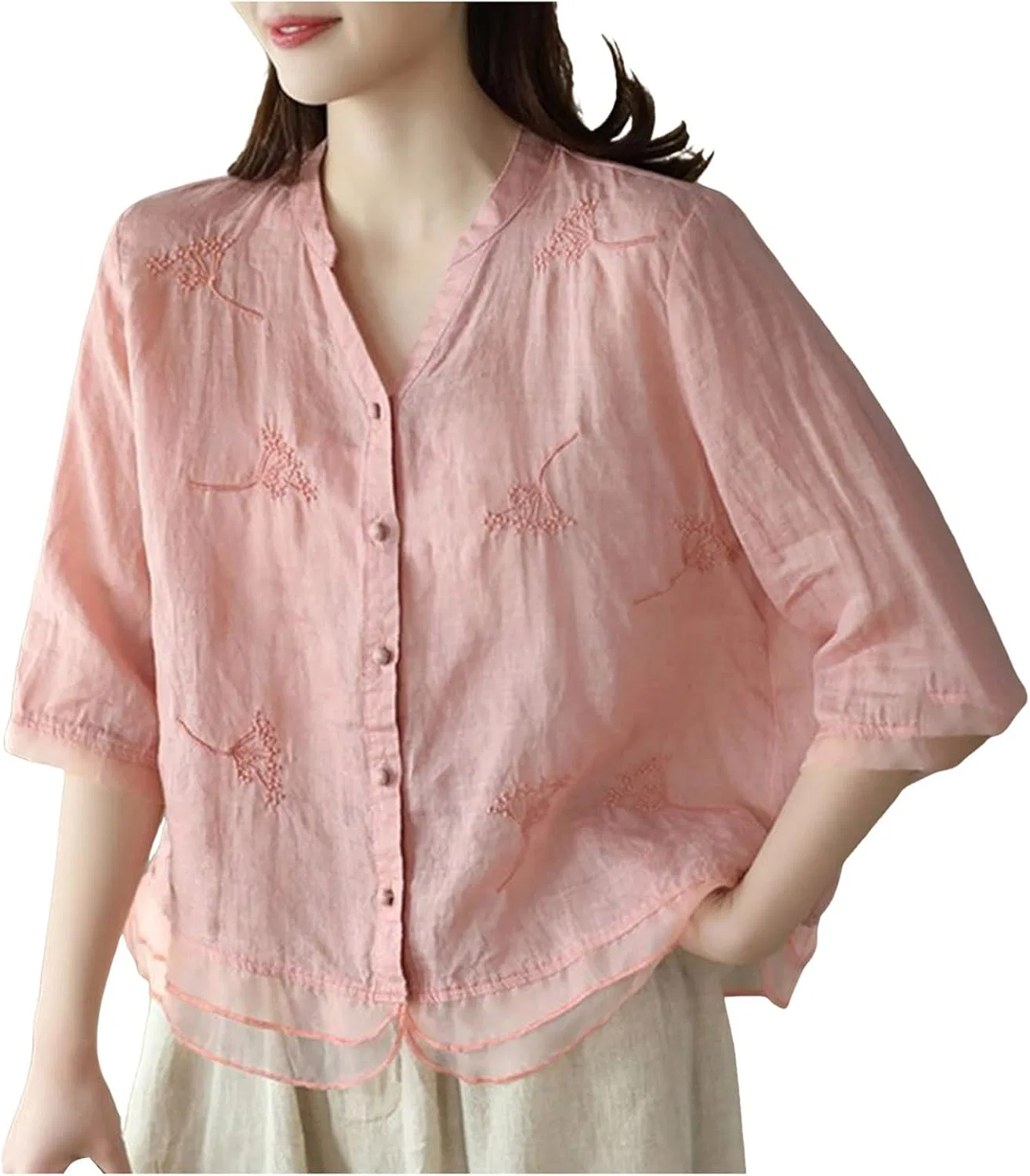 Футболка с цветочным принтом, свободная, Cotton Linen T-Shirt, розовый