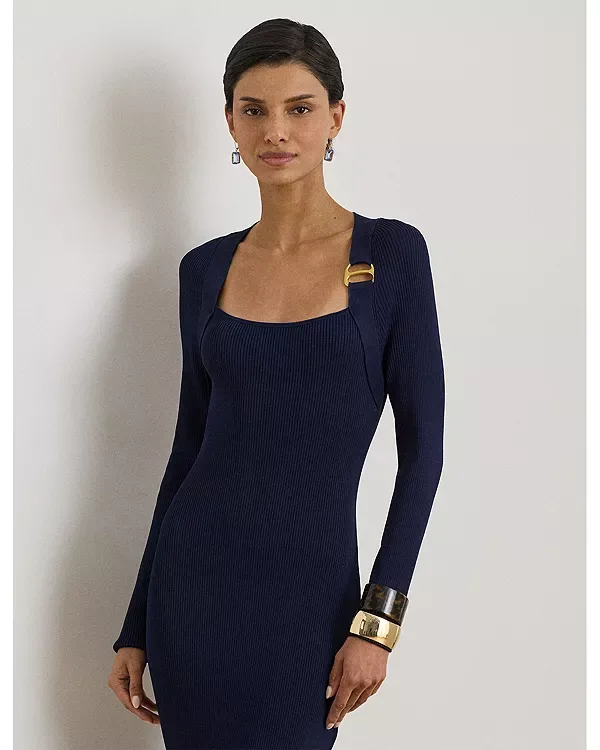 Платье-Свитер в рубчик с отделкой пряжками Ralph Lauren, Navy — фото 2