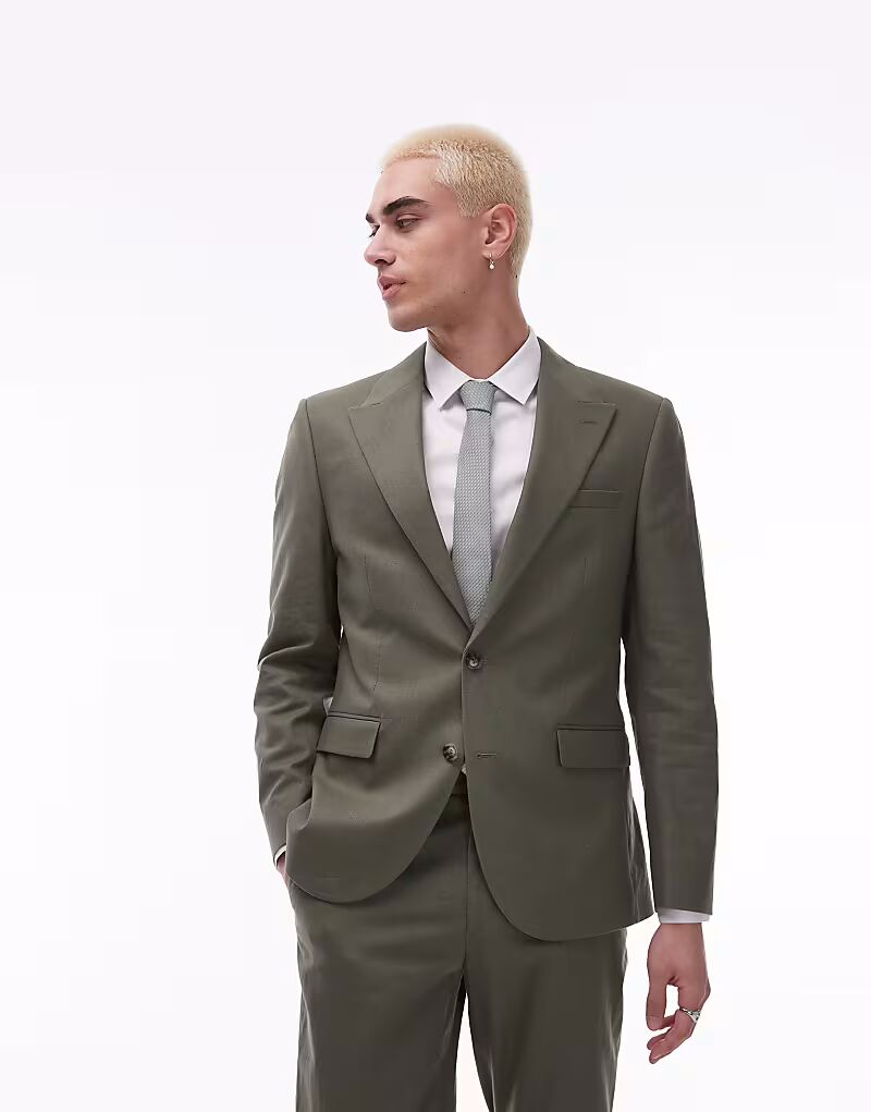 

Однобортный блейзер из льняной смеси цвета хаки Topman