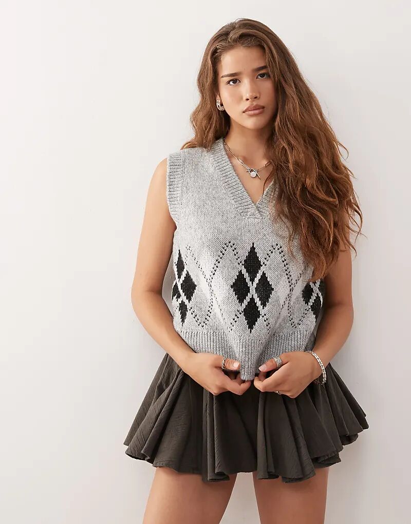 

Жилет-свитер Noisy May с V-образным вырезом, светло-серый, с узором в виде ромбов