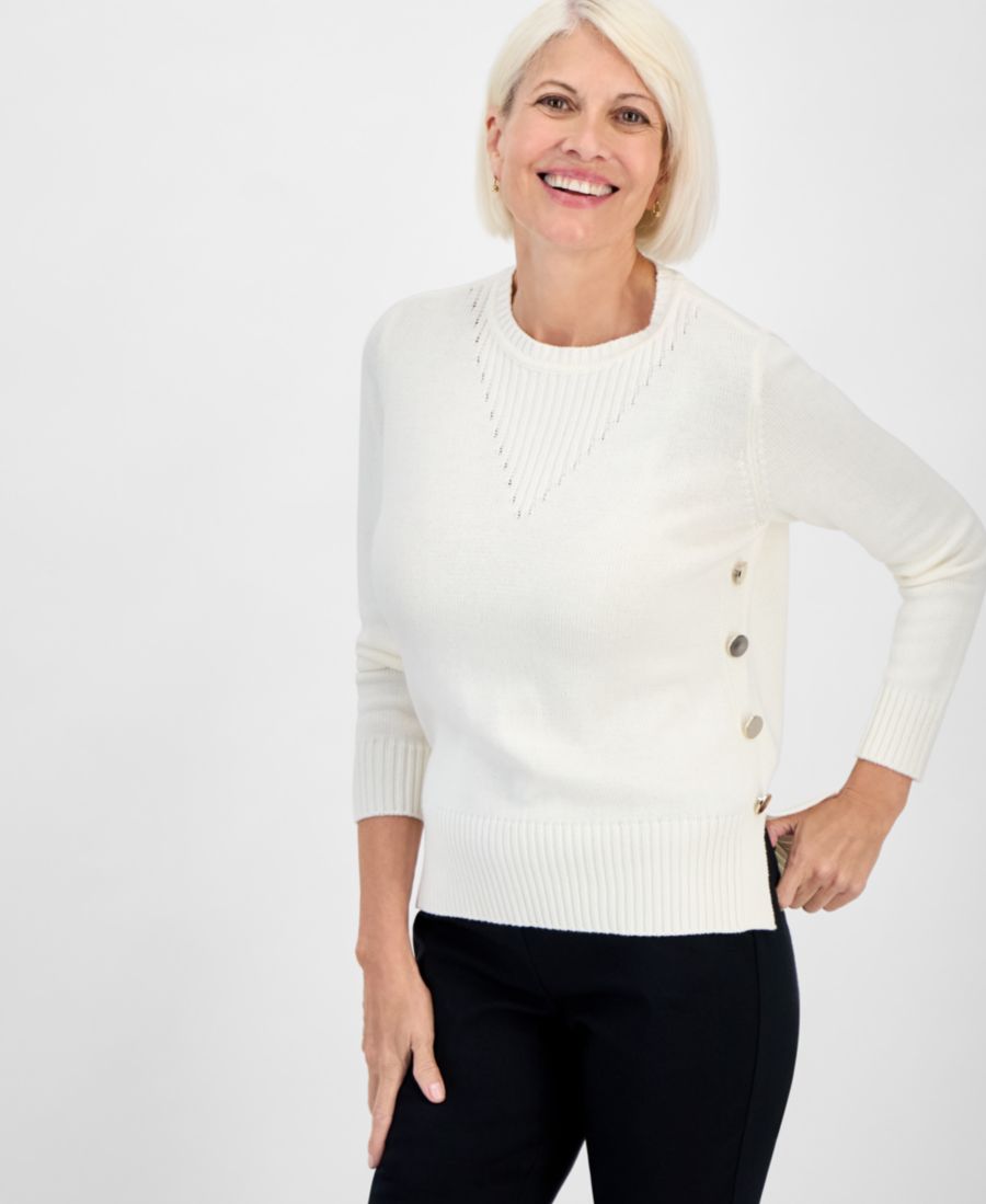 

Укороченный свитер с длинными рукавами и круглым вырезом на пуговицах сбоку Jones New York, Jones White