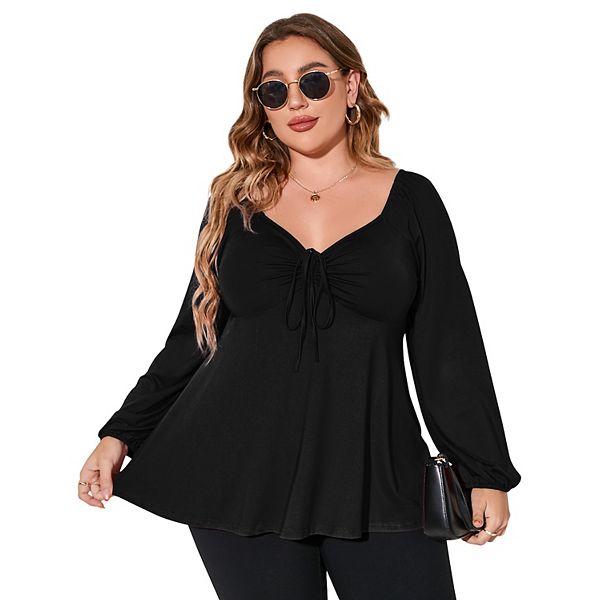 

Женская блузка plus size с длинным рукавом, v-образным вырезом и рюшами Xuba, Black