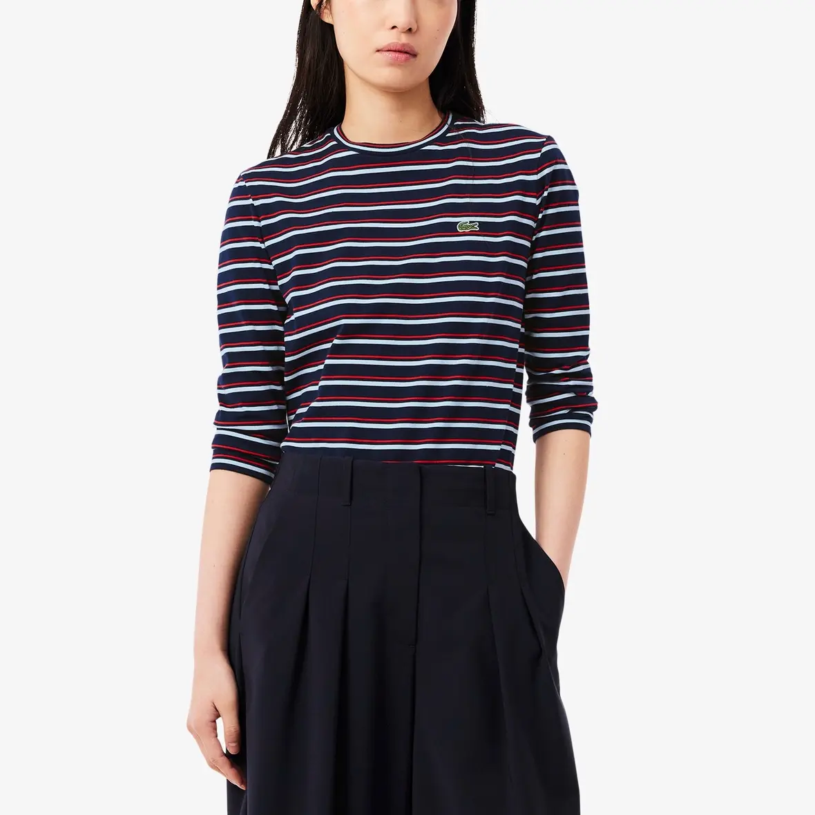 Футболка Lacoste SS25 Women's, полосатая, красно-бело-синяя — фото 3
