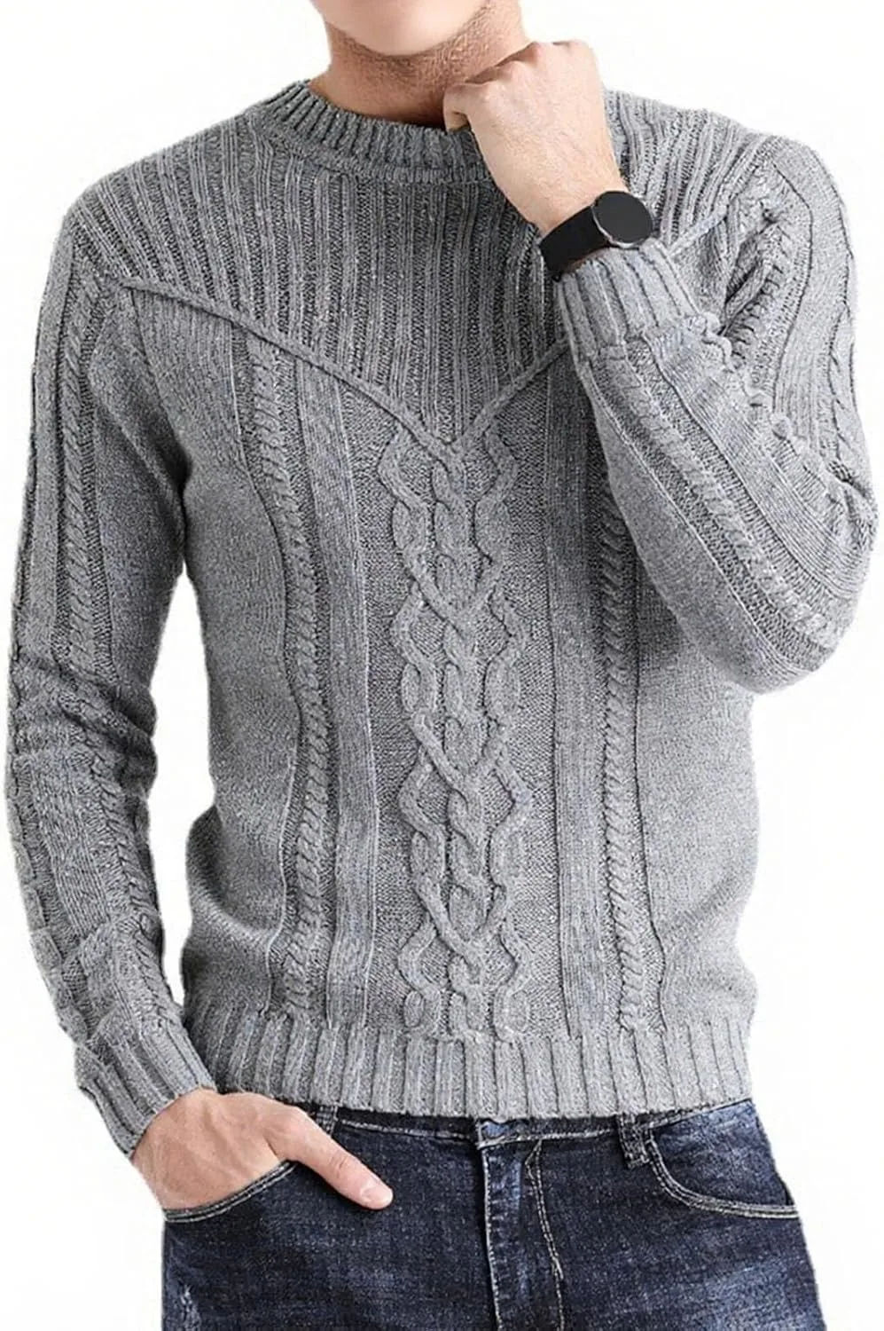 Пуловер с длинными рукавами для мужчин, классическая вязка, slim fit — фото 2