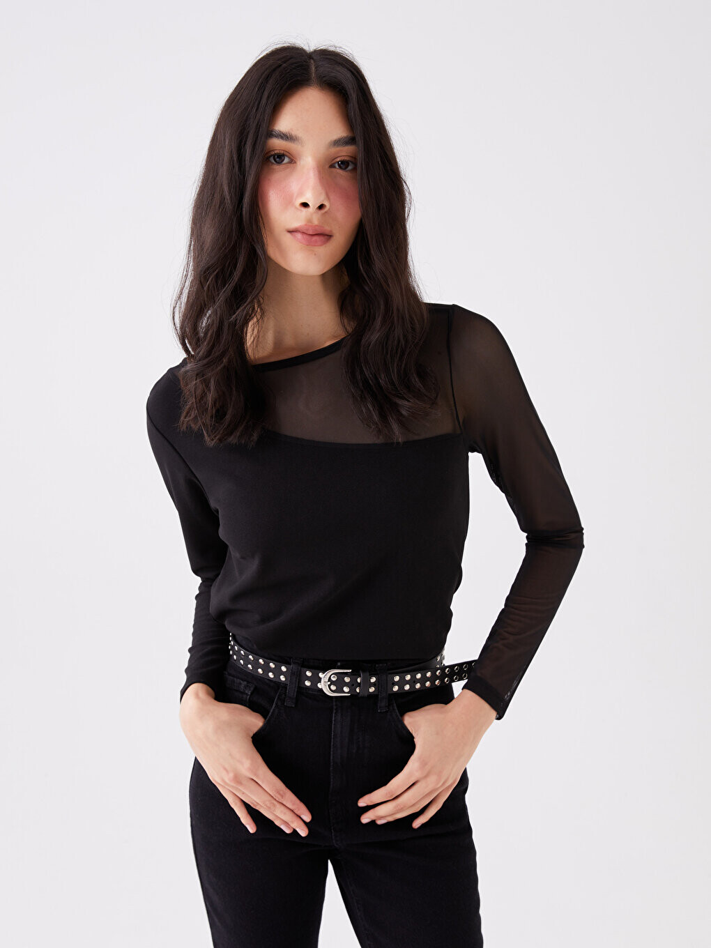 

Простая женская блузка с круглым вырезом и длинными рукавами LCW Casual, новый черный