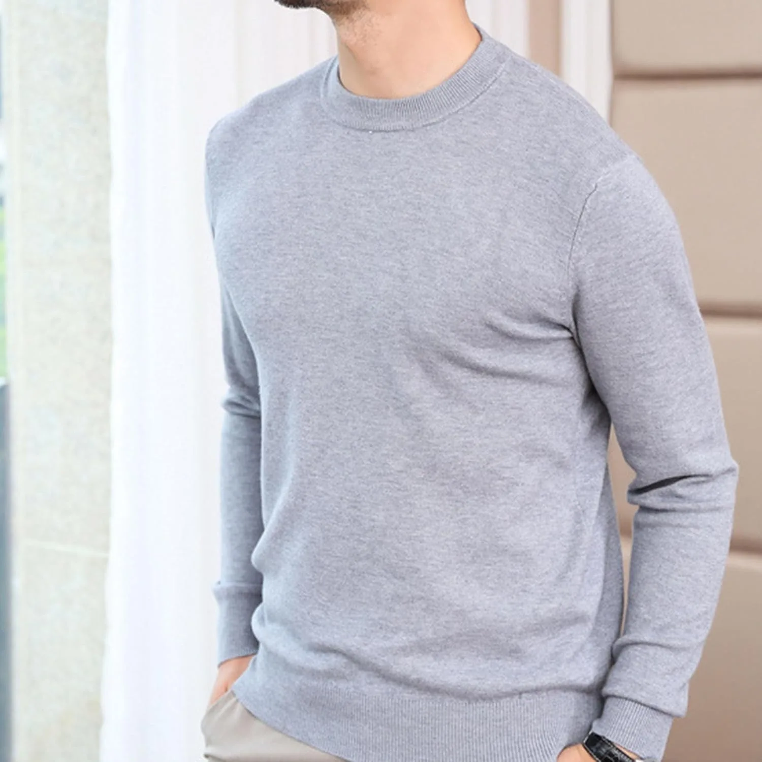 Мужской воротник-стойка вязаный пуловер с длинным рукавом Slim Fit — фото 3