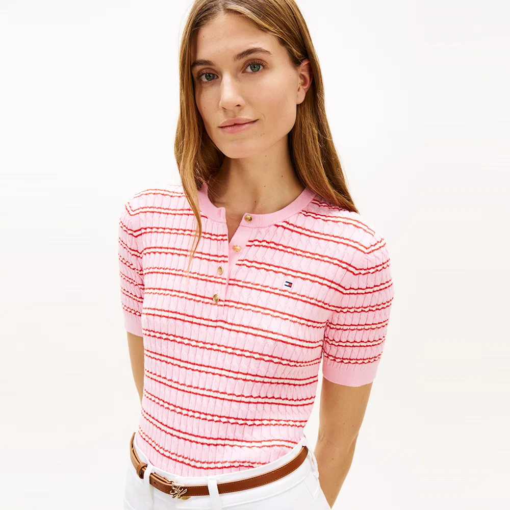 Женский розовый хлопковый свитер крупной вязки с воротником хенли от Tommy Hilfiger Women — фото 4