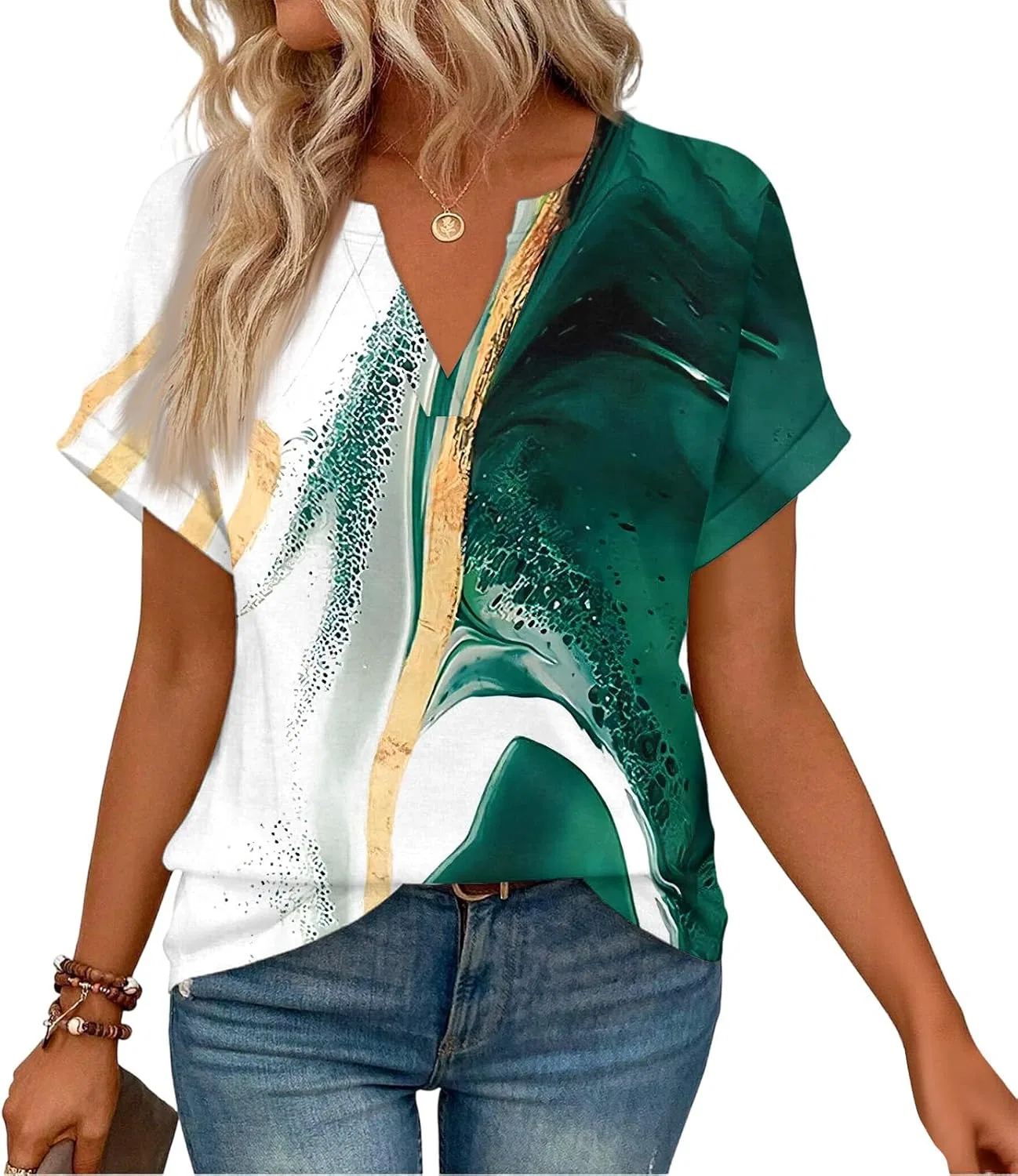 Женская блуза с V-образным вырезом, короткий рукав, Generic, 4-dark Green