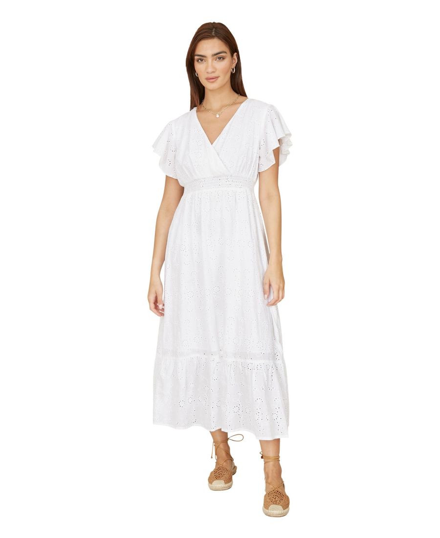 

Женское хлопковое платье-миди с запахом и вышивкой в стиле английской вышивки Yumi, White