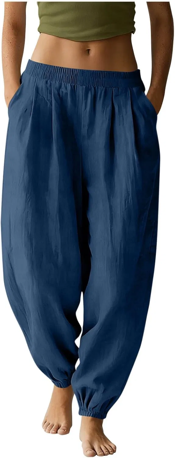 Брюки женские хлопок лен с карманами, богемные, Navy