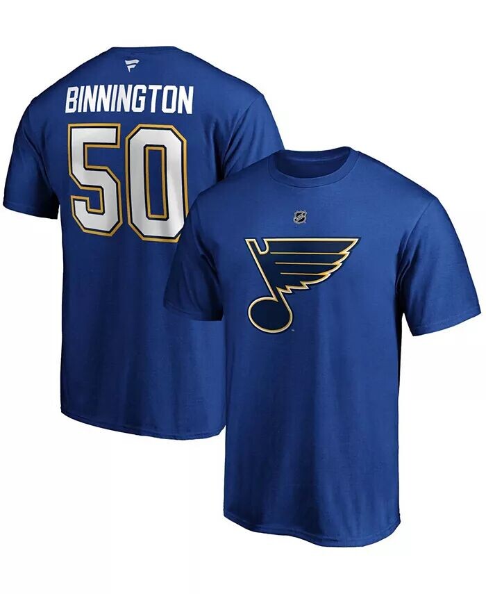 

Мужская синяя футболка Fanatics с логотипом Jordan Binnington St. Louis Blues Team с именем и номером Majestic