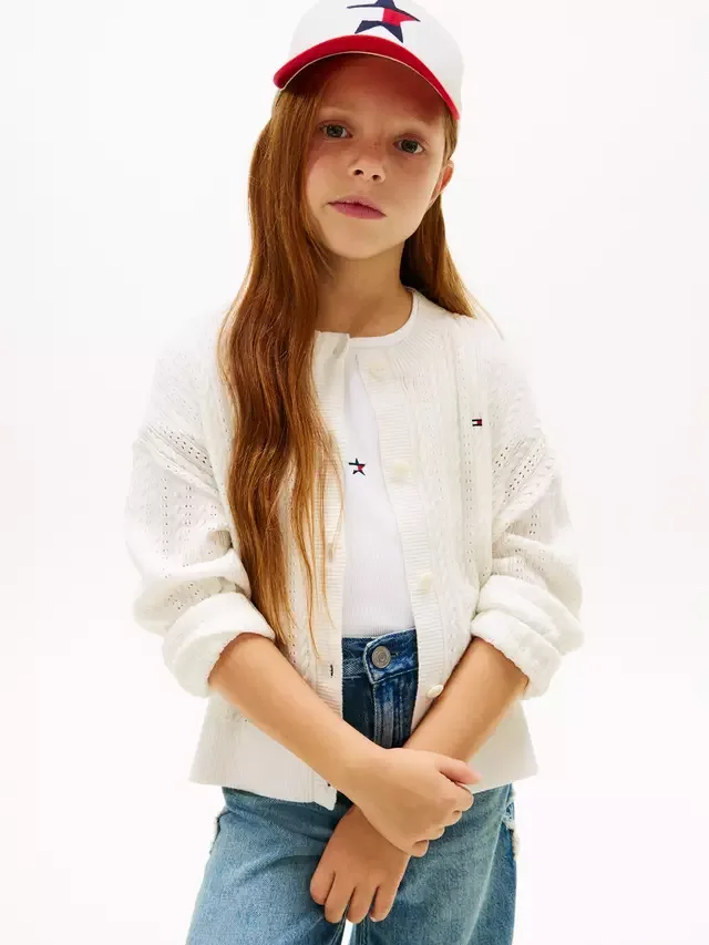 Детский хлопковый кардиган ажурной вязки с косами, белый Tommy Hilfiger