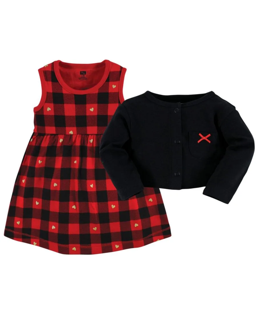 Легкий хлопковый комплект: платье и кардиган Hudson Baby, золото heart buffalo plaid — фото 2