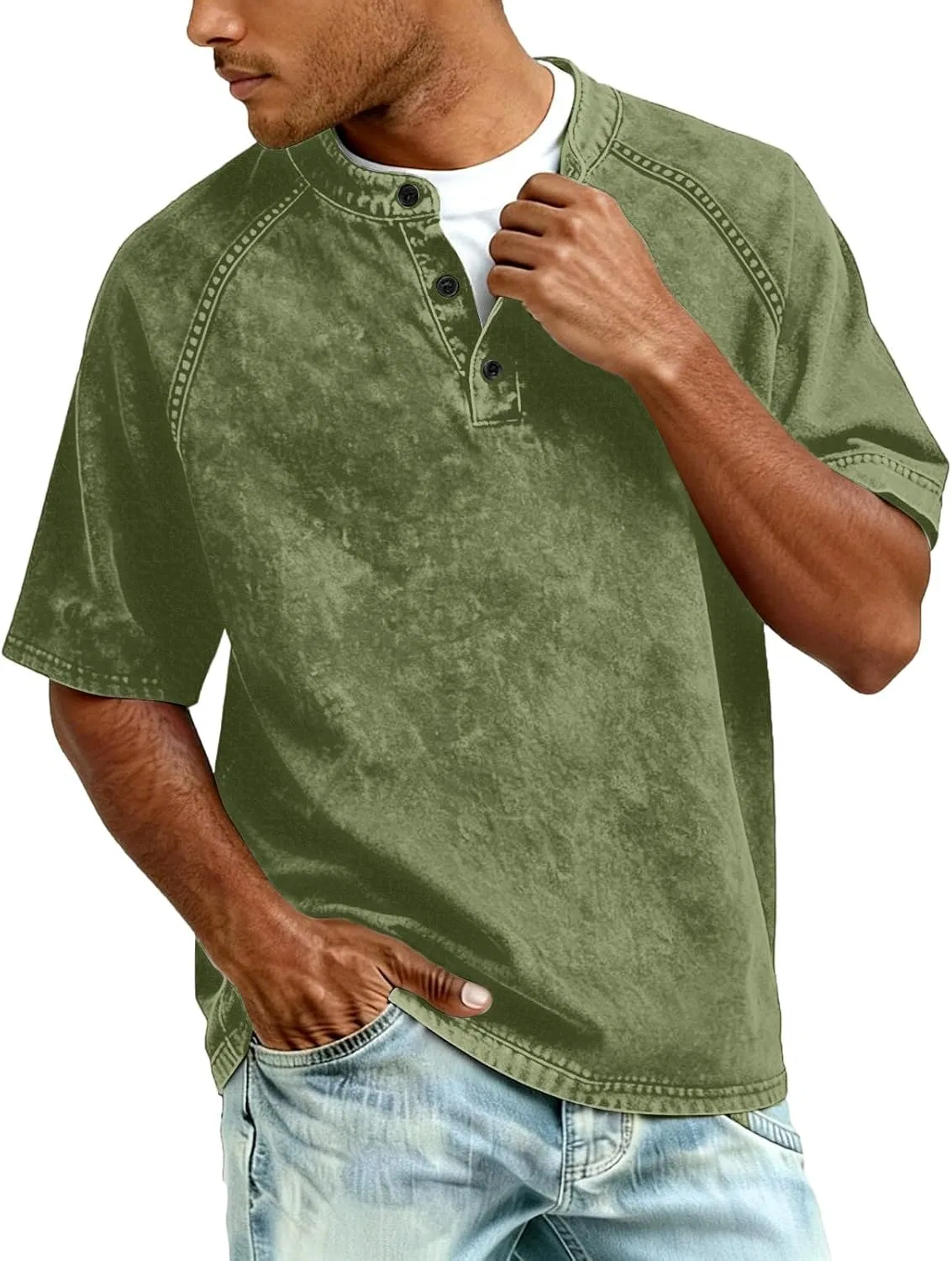 Футболка с V-образным вырезом и пуговицами, винтажная, Oversized, Generic, B07 Green — фото 3
