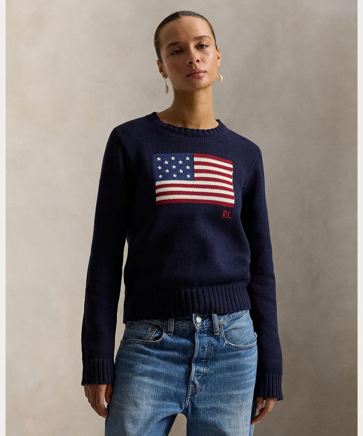 Свитер с флагом, хлопковый, Polo Ralph Lauren, прямой крой, тёмно-синий